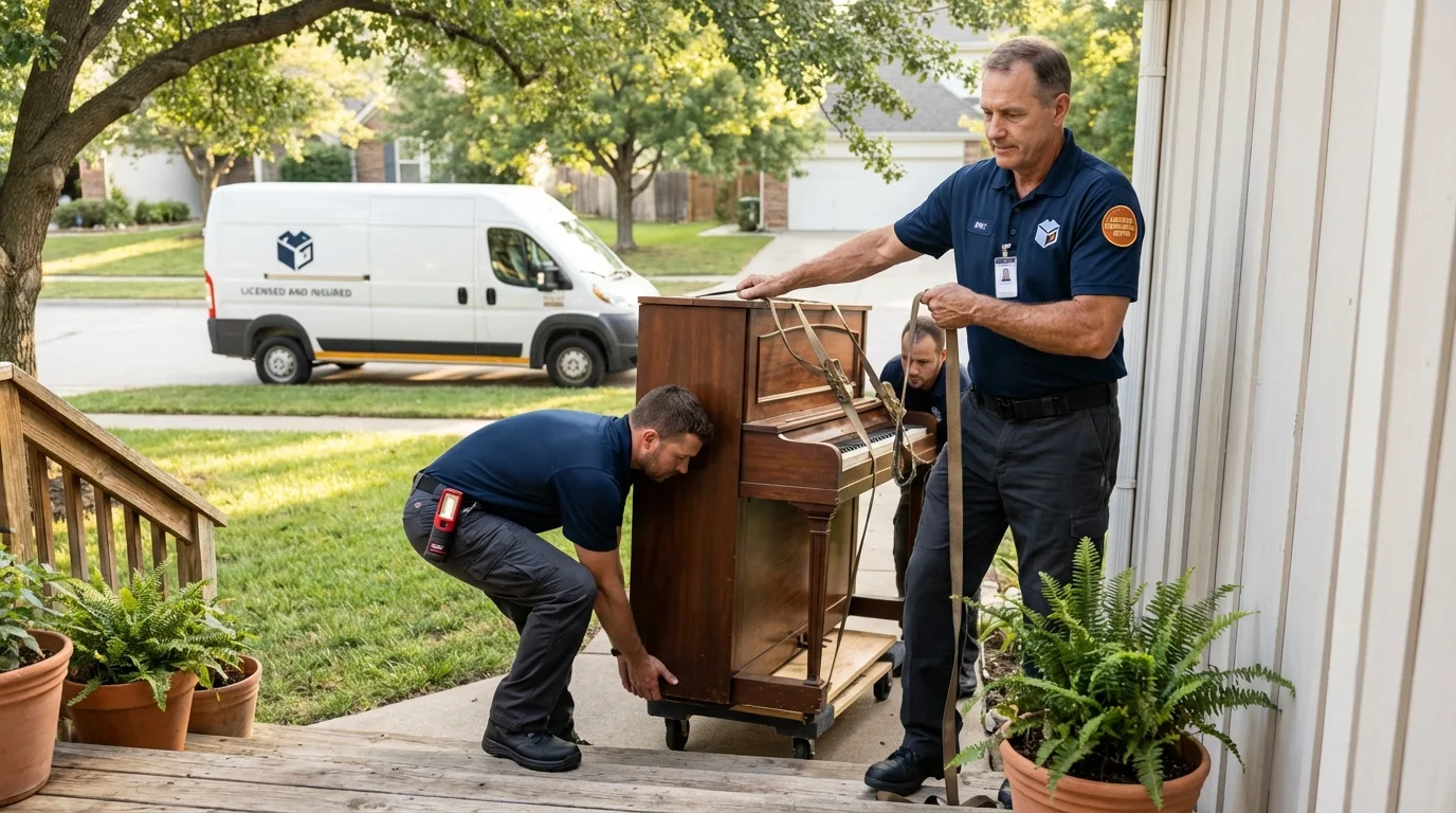 Licensed piano movers securing grand piano in Edgewater, FL