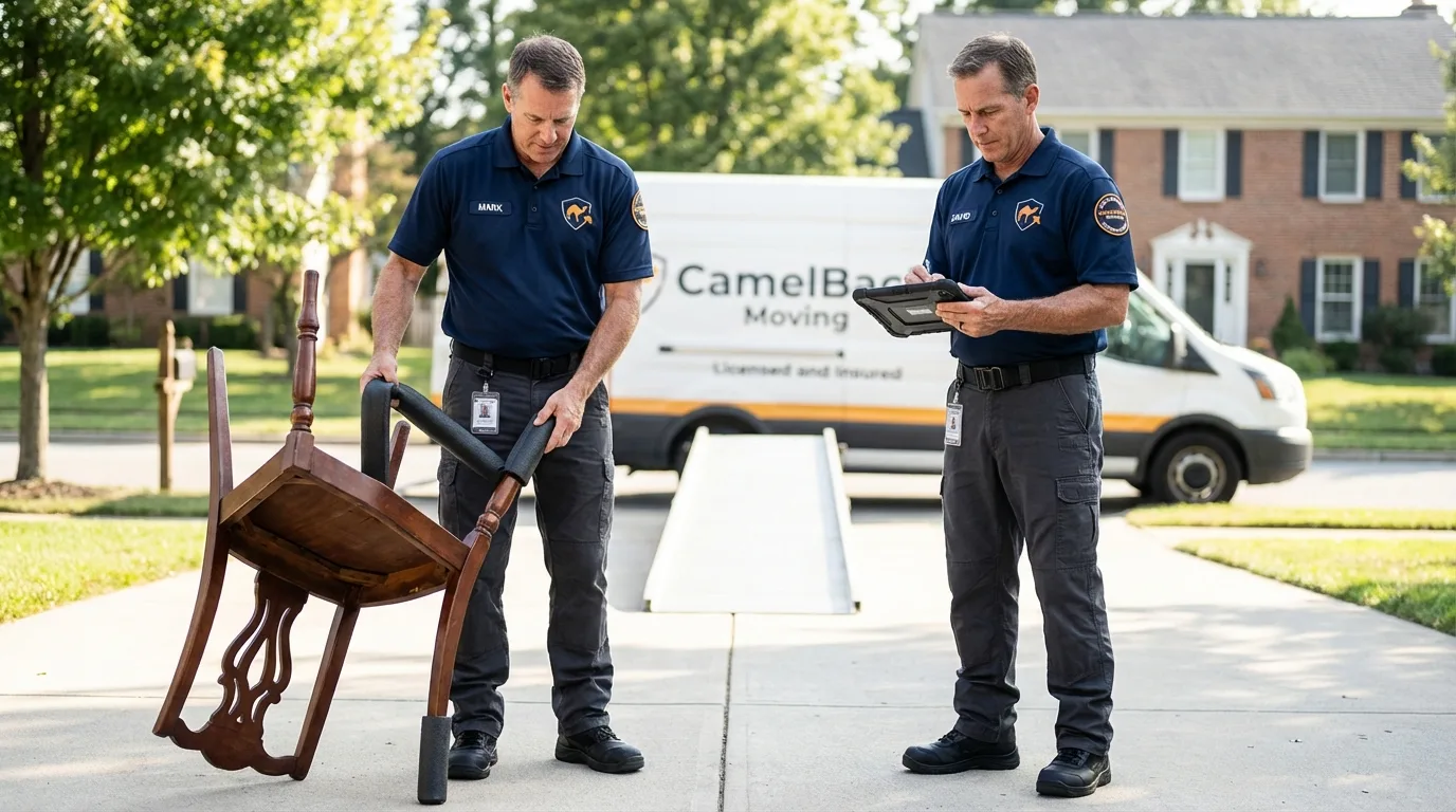 Movers inspecting furniture for damage prevention before loading in Edgewater, FL