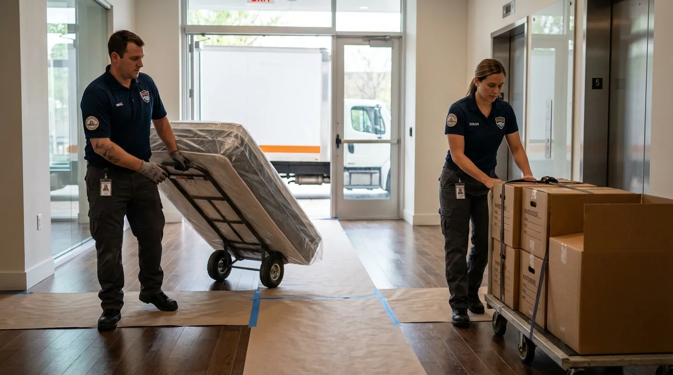 Professional apartment movers loading elevator in Edgewater, FL